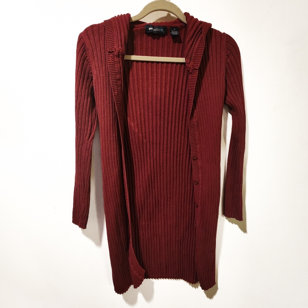 BLUE ASPHALT - Hooded Ribbed Duster Cardigan in Red, Size M